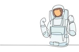 Astronauta de dibujo de línea continua única con gesto de celebración vistiendo trajes espaciales para explorar el espacio exterior en busca de misterios del universo. Ilustración de vector de diseño gráfico de dibujo de una línea dinámica