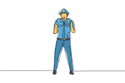 Continuous one line drawing pilot stands with celebrate gesture and complete uniform serves airplane passengers fly to destination. Success person. Single line draw design vector graphic illustration