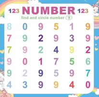 Search and circle number on the worksheet. Exercise for children to recognize number. Educational sheet for preschool. Vector file.