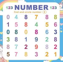 Search and circle number on the worksheet. Exercise for children to recognize number. Educational sheet for preschool. Vector file.