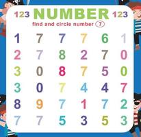 Search and circle number on the worksheet. Exercise for children to recognize number. Educational sheet for preschool. Vector file.