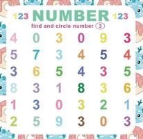 Search and circle number on the worksheet. Exercise for children to recognize number. Educational sheet for preschool. Vector file.