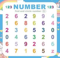 Search and circle number on the worksheet. Exercise for children to recognize number. Educational sheet for preschool. Vector file.