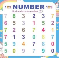 Search and circle number on the worksheet. Exercise for children to recognize number. Educational sheet for preschool. Vector file.