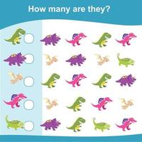 How many are they game. Counting activity. Count and write activity Educational activity for preschool kids. Dinosaurs Edition. Vector illustration.