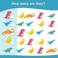 How many are they game. Counting activity. Count and write activity Educational activity for preschool kids. Dinosaurs Edition. Vector illustration.