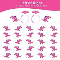 Left or Right Dinosaur Game for Children. Educational printable math worksheet. Math worksheet for kids. Count and write activity. Cute dinosaur math worksheet. Vector file