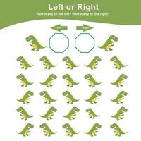 Left or Right Dinosaur Game for Children. Educational printable math worksheet. Math worksheet for kids. Count and write activity. Cute dinosaur math worksheet. Vector file