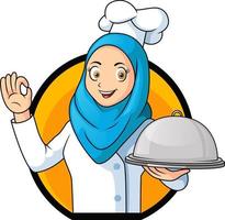 Cute chef girl cartoon holding a silver platter and ok sign vector