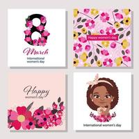 International Women s Day with American African Woman and Flowers. Vector templates for card, poster, flyer and other users