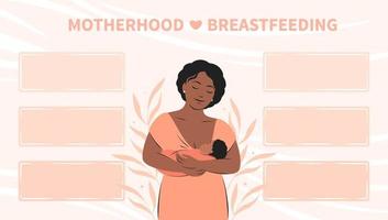 Banner about breastfeeding and motherhood. Woman  feeding baby. Tips for breastfeeding mothers. Infographics, different data, informations in frames about breastfeeding. Vector illustration.