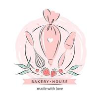 Bakery house. Set of tools for making cakes, cookies and pastries. Logo for confectionery or bakery. Vector illustration for menu, recipe book, baking shop, cafe.