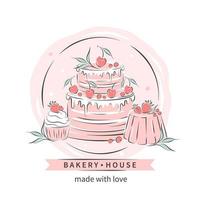 Bakery house. Logo for confectionery or bakery. Cake, cupcake and berries. Vector illustration for menu, recipe book, baking shop, cafe.