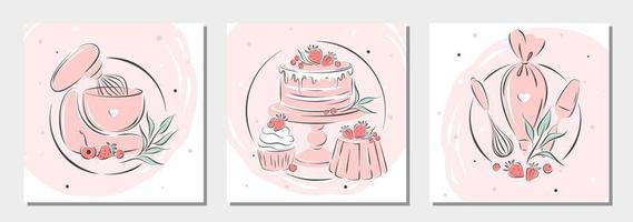 Cake shop logo. Set of design for pastry and bread shop.Planetary stationary dough mixer, kitchen tools and cakes and berries. Vector illustration