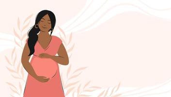 Banner about pregnancy and motherhood with place for text. Pregnant woman, future mom of African appearance hugging belly with arms. Happy Mother's Day.  Flat vector illustration.