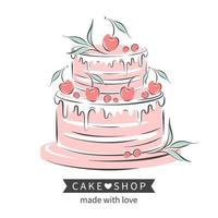 Cake decorated with berries. Cake shop logo. Vector illustration on white background for menu, recipe book, baking shop, cafe, restaurant.