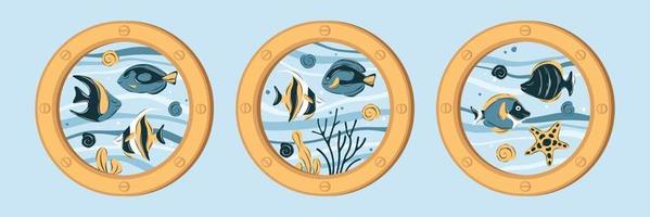 Porthole with colorful underwater life, fishes. Marine animals in ocean. Set of marine life objects for your design. Flat cartoon vector illustration.