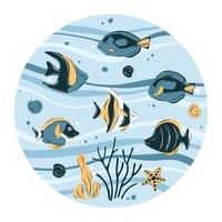 Fish and marine animals in ocean. Set of marine life objects for your design. Flat cartoon vector illustration.