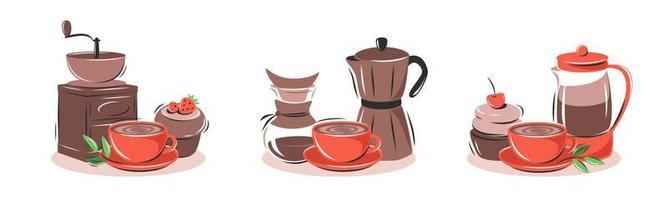 Coffee big set. Coffee maker, cup, cake. Collection vector illustrations for cafe menu and restaurant.