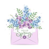 Hello spring. Card with with envelope and spring flowers. Vector illustration