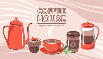 café fabricante, café y pasteles bandera para café casa, café comercio, cafetería-bar, barista, restaurante, menú. vector ilustración