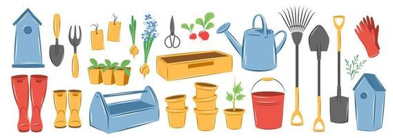 Spring garden element set. Farm agricultural tools. Vector illustration.