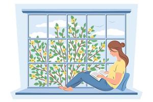 mujer leyendo libro y sentado a el primavera ventana. primavera vector ilustración