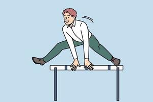 Smiling motivated businessman jumping over obstacle show problem solution. Happy male employee overcome barrier solve trouble. Challenge concept. Vector illustration.