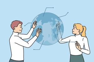 Businesspeople touch planet Earth hologram cooperating in modern office together. Colleagues collaborate with globe digital reconstruction. Technology. Vector illustration.