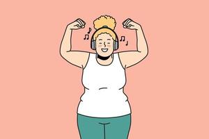 Overjoyed overweight woman in headphones listen to music do sports. Smiling fat girl in earphones enjoy good quality sound training. Vector illustration.