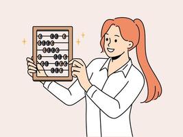 Smiling businesswoman hold abacus in hands. Happy female accountant or worker with old counting tool. Vector illustration.