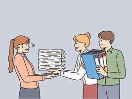 Smiling employees give stacks of paperwork to stressed subordinate. Happy workers pass pile of papers and documents to shocked colleague. Workload. Vector illustration.