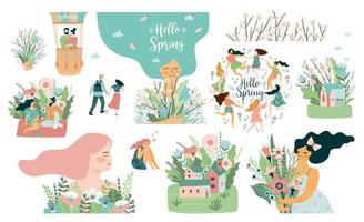 conjunto de linda ilustraciones con personas y primavera naturaleza. primavera, floración, amar, relación. vector diseño.
