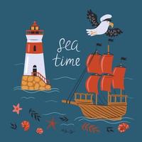 Nautical postcard with cute seagull, ship, lighthouse. Vector graphics.