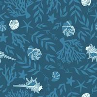 Marine seamless pattern with seashells, algae, starfish. Vector graphics.