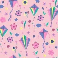 Seamless pattern with kites and flowers. Vector graphics.