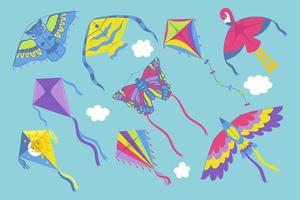 Set of multi-colored kites with ribbons. Vector graphics.