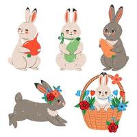 Set of cute rabbits with vegetables and flowers. Vector graphics.