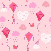 Seamless pattern with kites, hearts, birds, clouds in pink colors. Vector graphics.