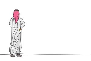 dibujo de una sola línea joven empresario árabe de pie con las manos en la cintura, vista trasera. concepto mínimo de crecimiento objetivo empresarial. Ilustración de vector gráfico de diseño de dibujo de línea continua moderna