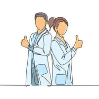 Single line drawing of young happy couple male and female doctor standing together and giving thumbs up gesture. Medical healthcare teamwork concept. Continuous line draw design vector illustration