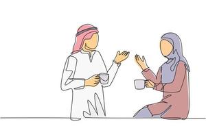 One continuous line drawing of young muslim and muslimah couple talking together while enjoying a cup of coffee drink. Saudi Arabian with kandura, hijab and veil. Single line draw design illustration vector