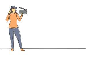 Single one line drawing female film director stands with call me gesture holding clapperboard and prepare camera crew for shooting at studio. Continuous line draw design graphic vector illustration