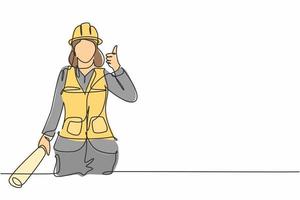 Continuous one line drawing female architect with a gesture of raising his thumb and wearing a helmet carried a building construction drawing paper. Single line draw design vector graphic illustration