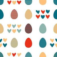 Easter seamless pattern with striped and dotted eggs and small hearts. Perfect print for tee, paper, fabric, textile. vector