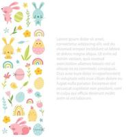 Cute happy easter background with bunny and eggs, rainbow, flowers, chick. Empty space for your text. Decorative colored easter eggs, rabbits. Cartoon holiday vector background