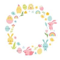 Cute happy easter frame with bunny and eggs, rainbow, flowers, chick. Decorative colored easter eggs, rabbits. Empty space for your text. Cartoon holiday vector background