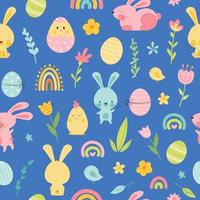 Cute seamless pattern with easter bunny and eggs, rainbow, flowers, chick. Easter doodle background, great for textiles, banners, wallpapers, wrapping - vector design