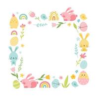 Cute happy easter frame with bunny and eggs, rainbow, flowers, chick. Decorative colored easter eggs, rabbits. Empty space for your text. Cartoon holiday vector background