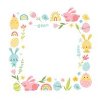 Cute happy easter frame with bunny and eggs, rainbow, flowers, chick. Decorative colored easter eggs, rabbits. Empty space for your text. Cartoon holiday vector background